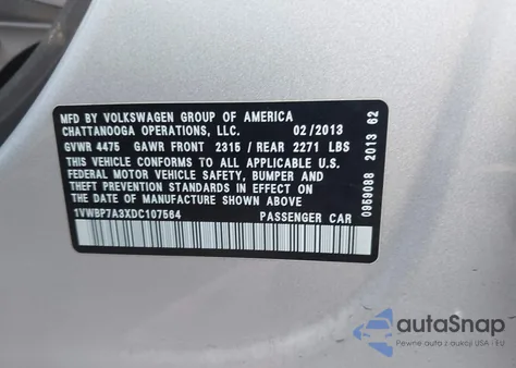 2013 Volkswagen Passat 2.5L Se z USA, uszkodzony, nr VIN 1VWBP7A3XDC107564